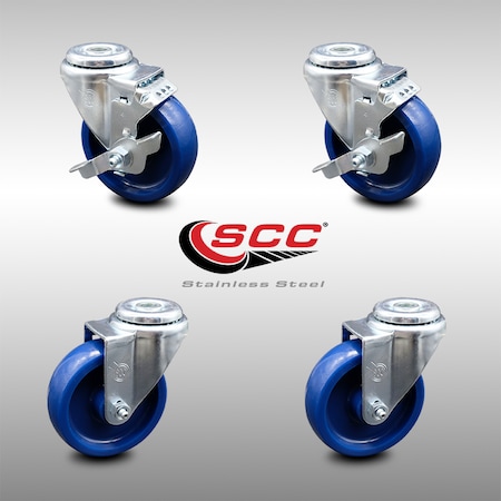 Service Caster 4 Inch SS Solid Polyurethane Wheel Swivel Bolt Hole Caster Set with 2 Brake SCC SCC-SSBH20S414-SPUS-2-TLB-2